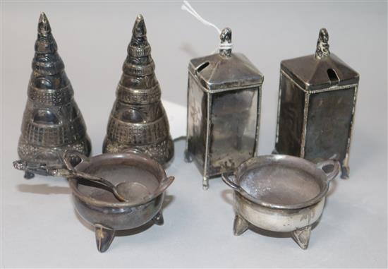 Three assorted pairs of Chinese white metal condiments, including conical form.